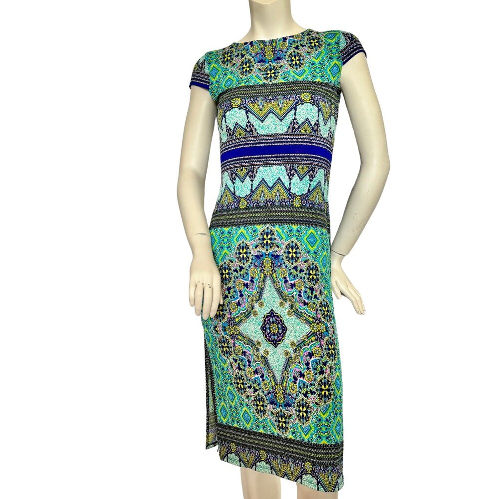 Rubber Ducky Productions Bodycon Teal Paisley Print Cap Sleeve Midi Dress Small